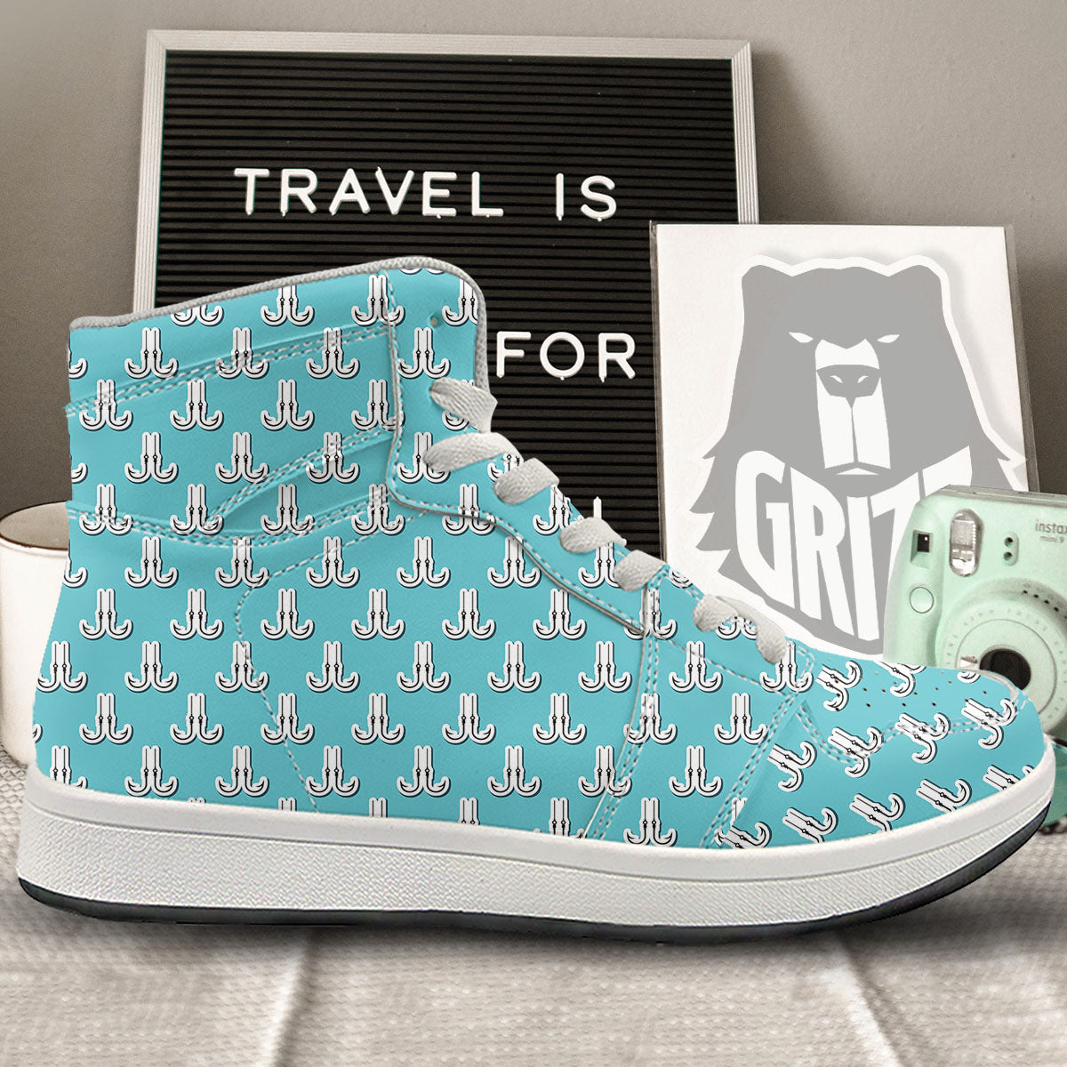 Blue Fish Hook Print Pattern High Top Sneakers-grizzshop