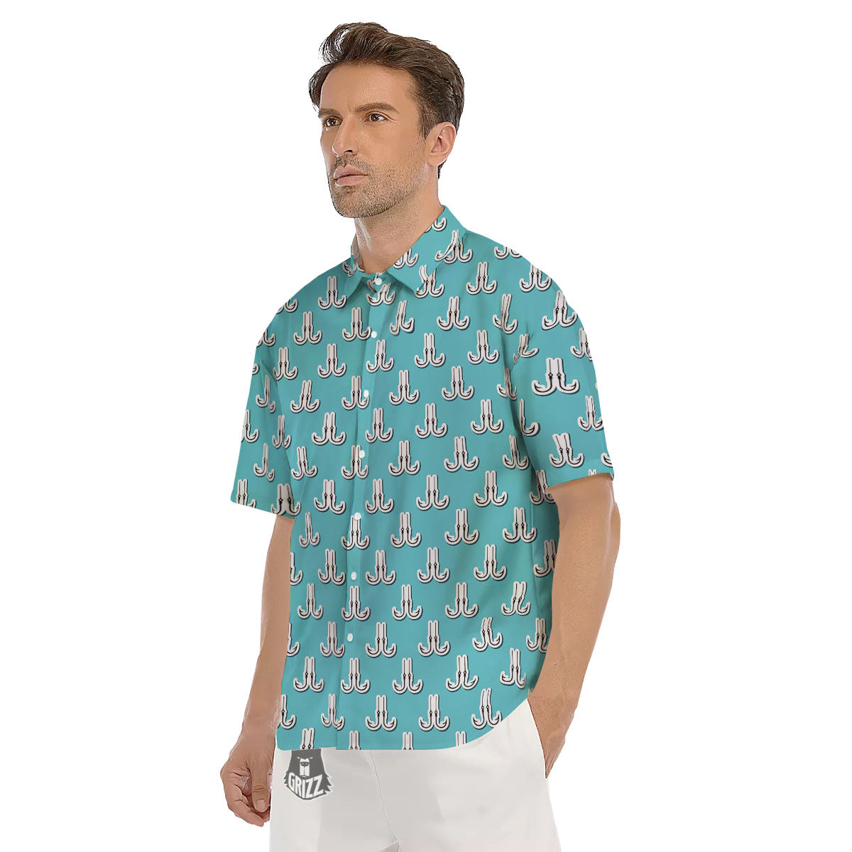 Blue Fish Hook Print Pattern Men's Short Sleeve Shirts-grizzshop