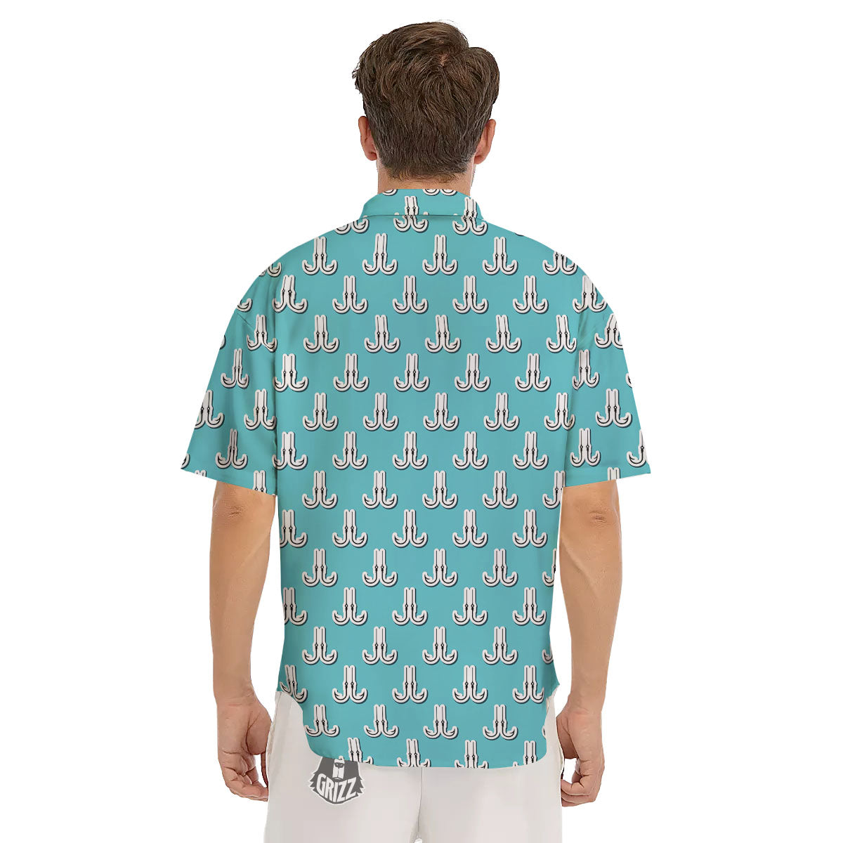 Blue Fish Hook Print Pattern Men's Short Sleeve Shirts-grizzshop