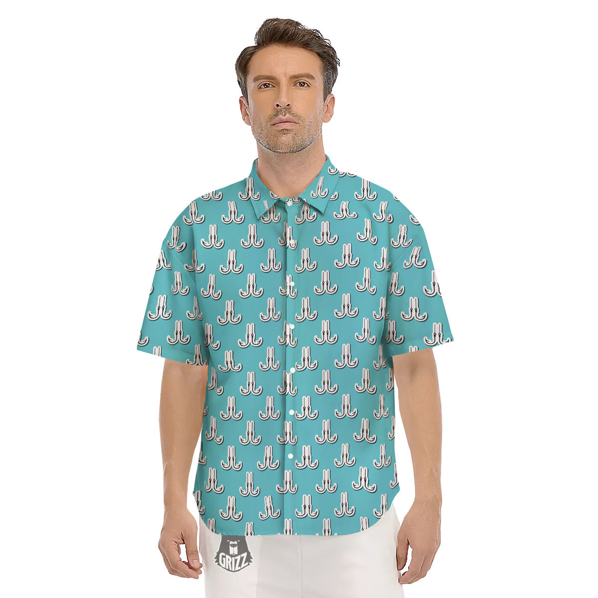 Blue Fish Hook Print Pattern Men's Short Sleeve Shirts-grizzshop