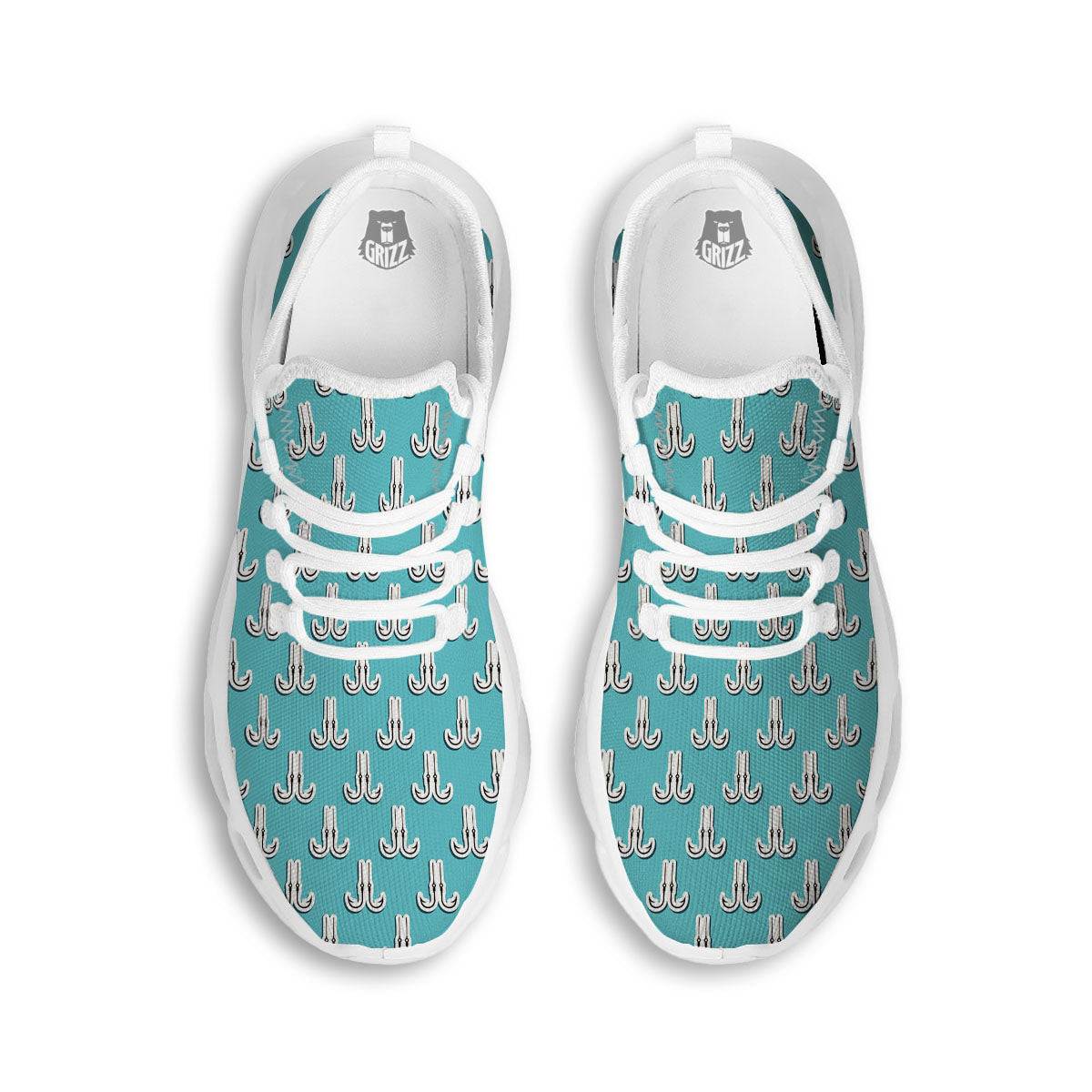 Blue Fish Hook Print Pattern White Running Shoes-grizzshop