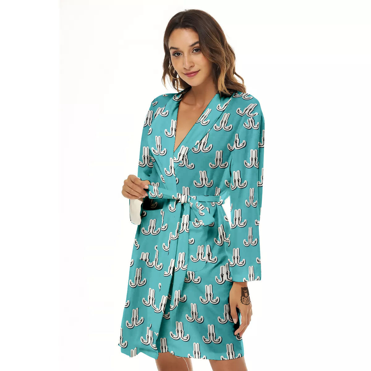Blue Fish Hook Print Pattern Women's Robe-grizzshop