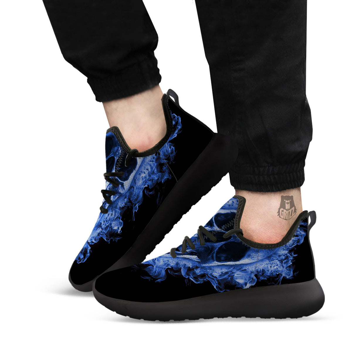 Blue Flaming Skull Print Black Athletic Shoes-grizzshop