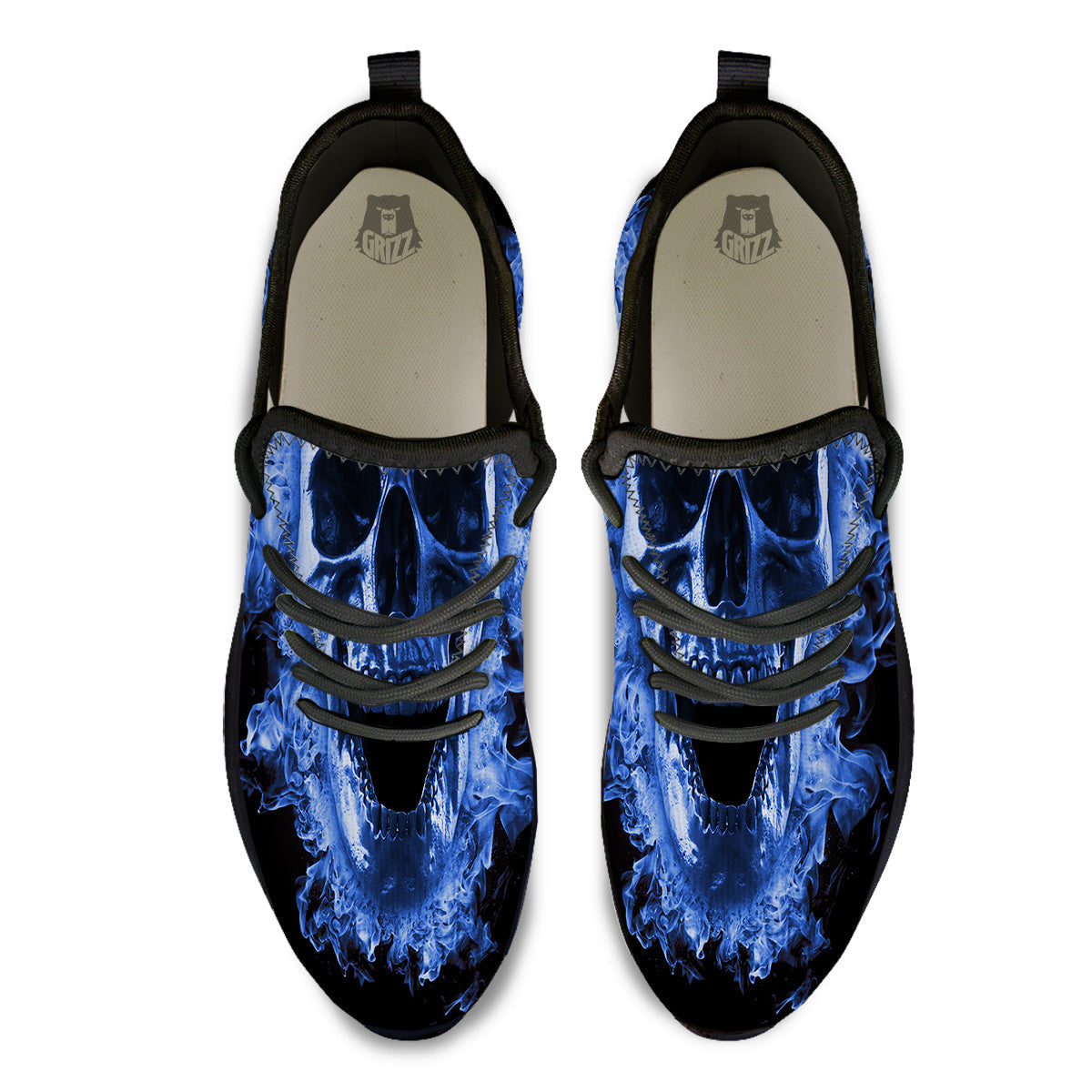 Blue Flaming Skull Print Black Athletic Shoes-grizzshop