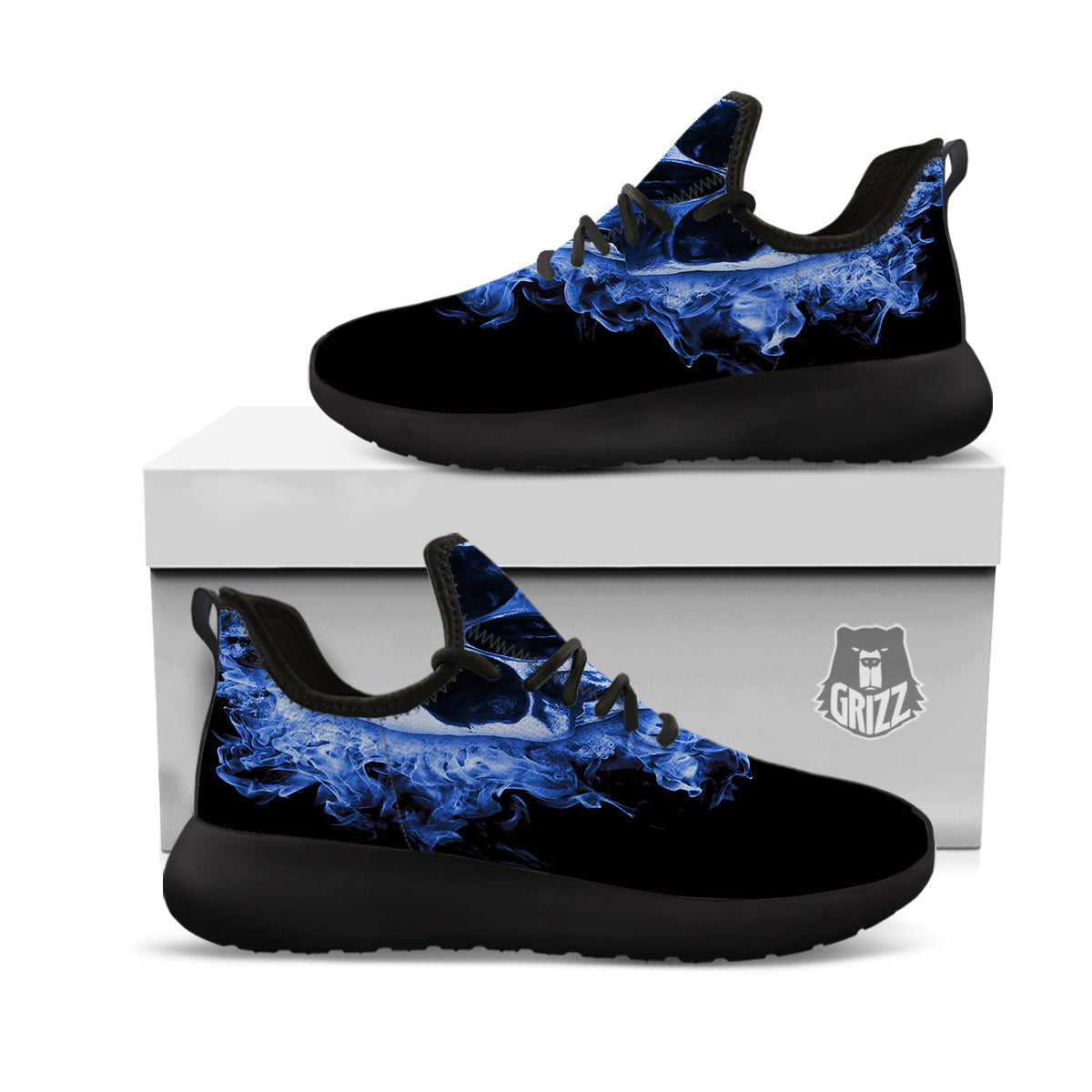 Blue Flaming Skull Print Black Athletic Shoes-grizzshop