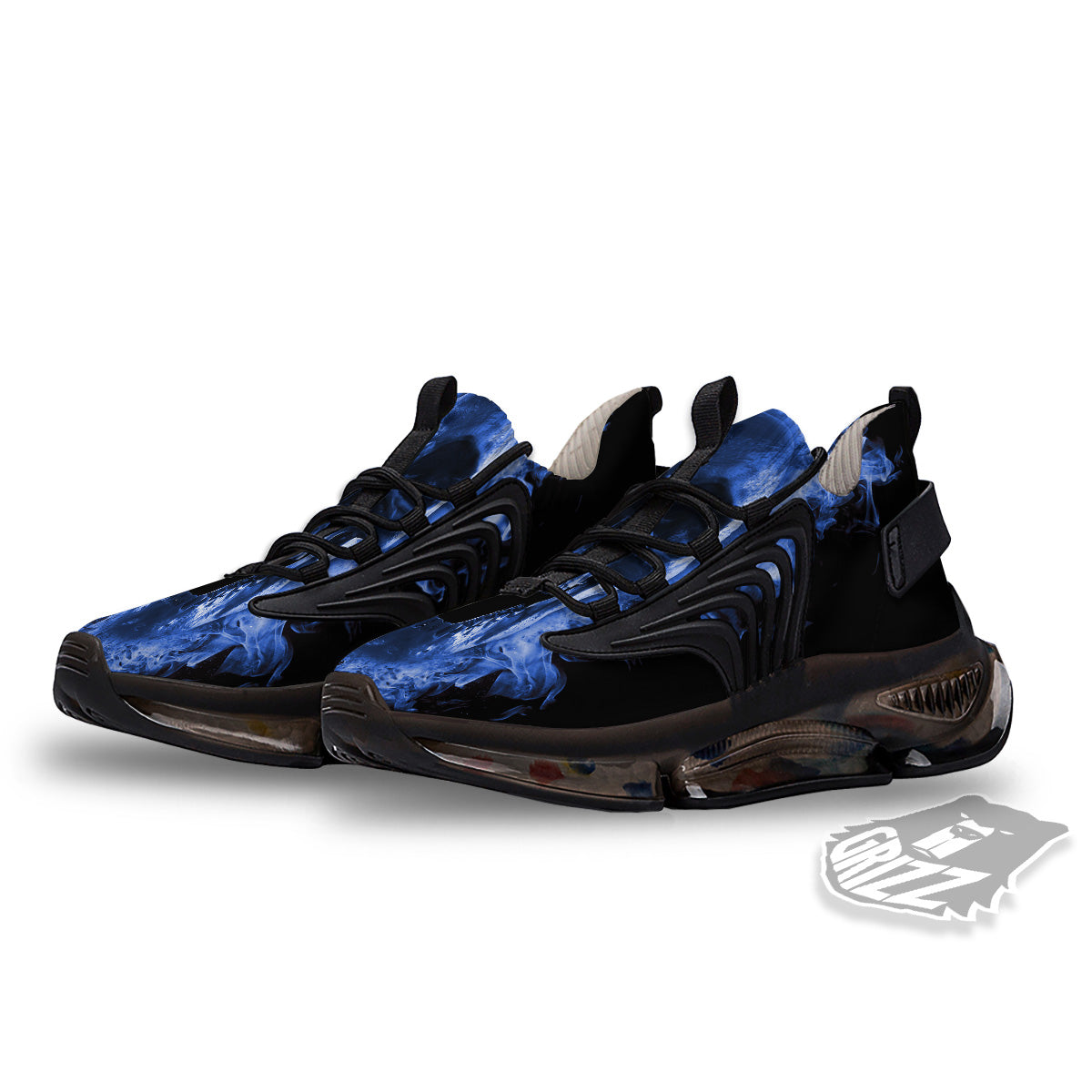 Blue Flaming Skull Print Black Gym Shoes-grizzshop