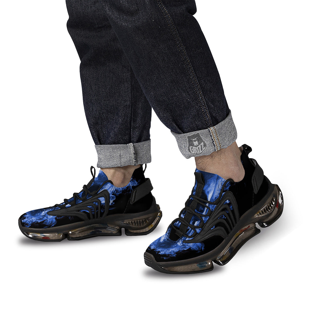 Blue Flaming Skull Print Black Gym Shoes-grizzshop