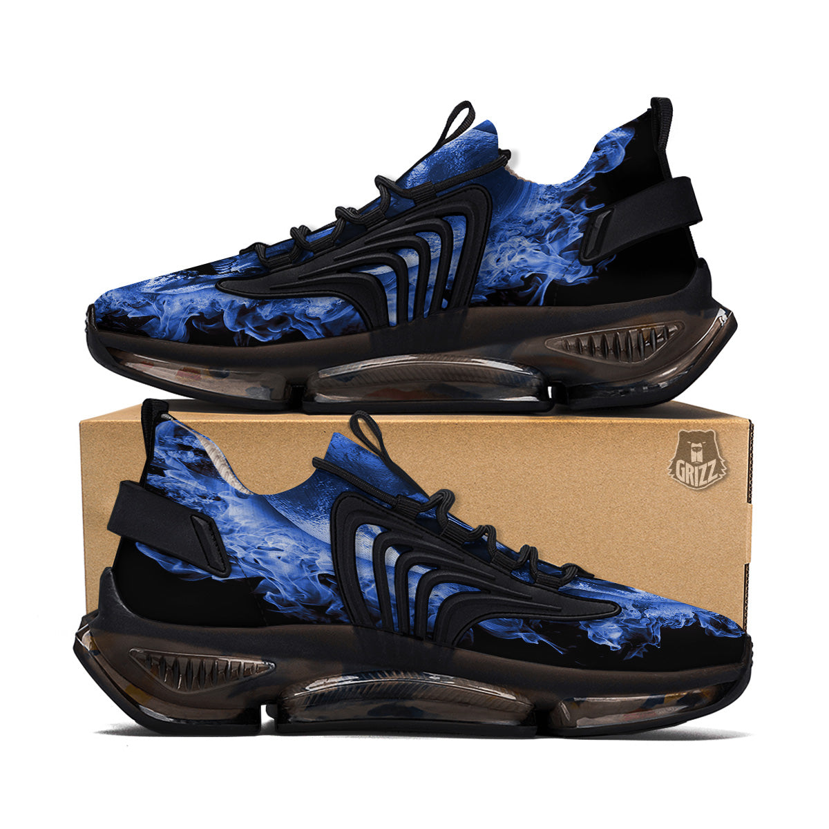 Blue Flaming Skull Print Black Gym Shoes-grizzshop