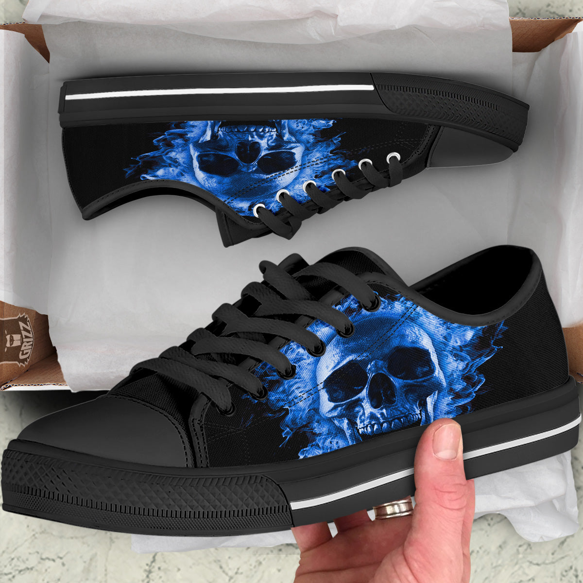 Blue Flaming Skull Print Black Low Top Shoes-grizzshop