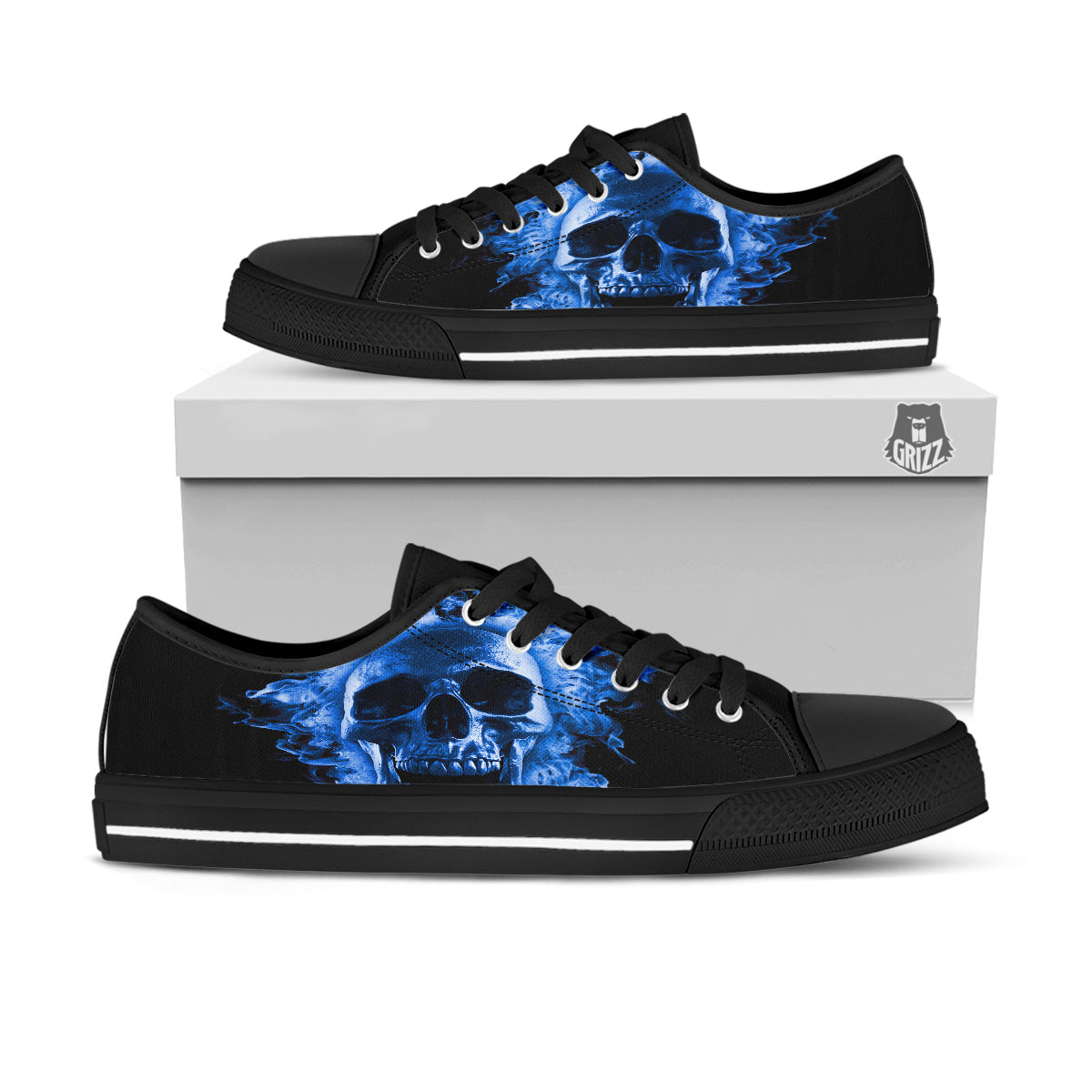 Blue Flaming Skull Print Black Low Top Shoes-grizzshop