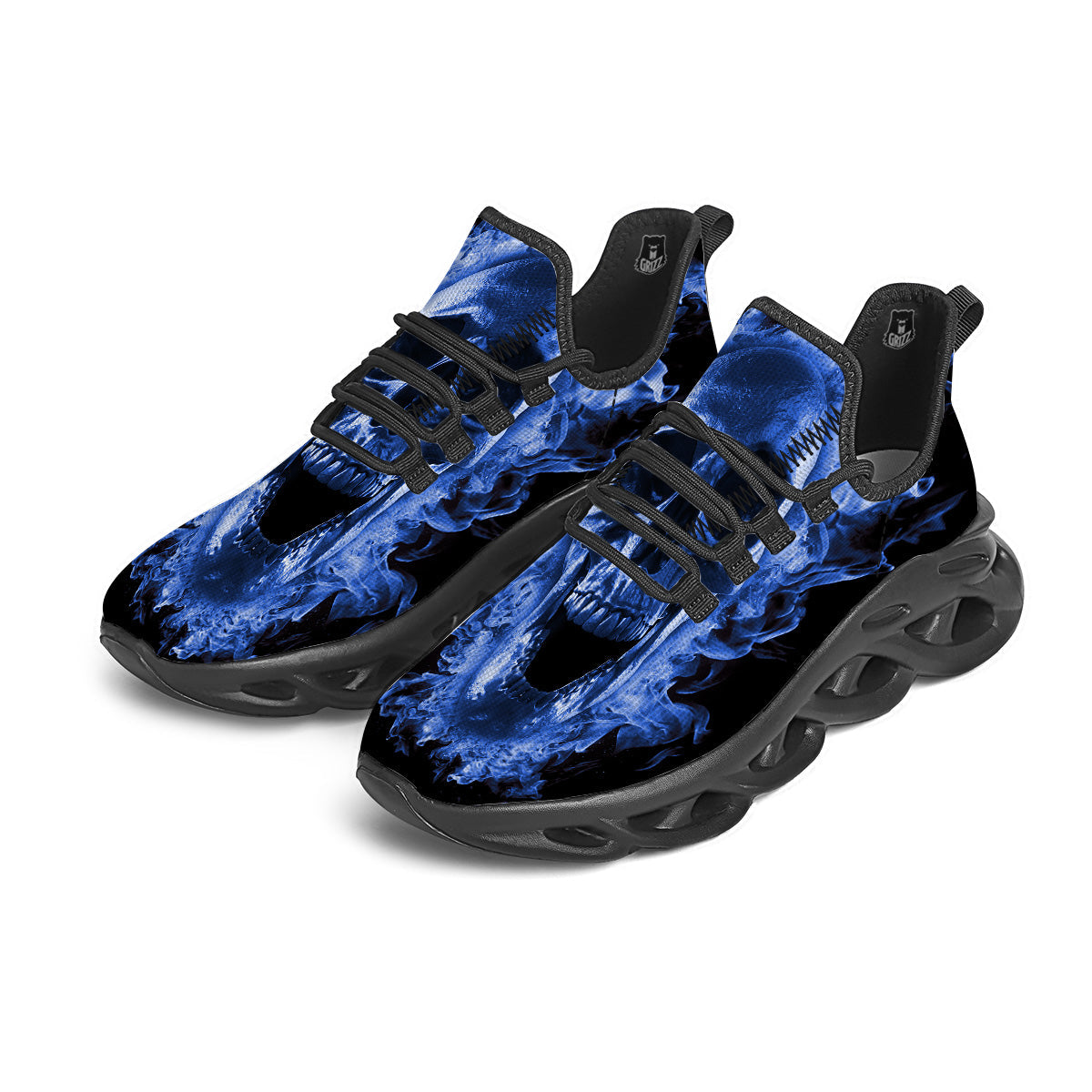 Blue Flaming Skull Print Black Running Shoes-grizzshop