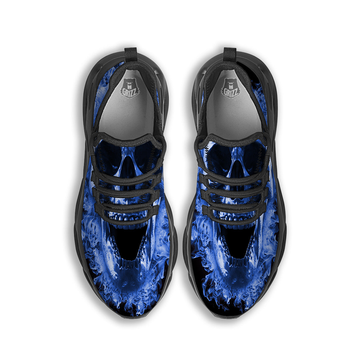Blue Flaming Skull Print Black Running Shoes-grizzshop