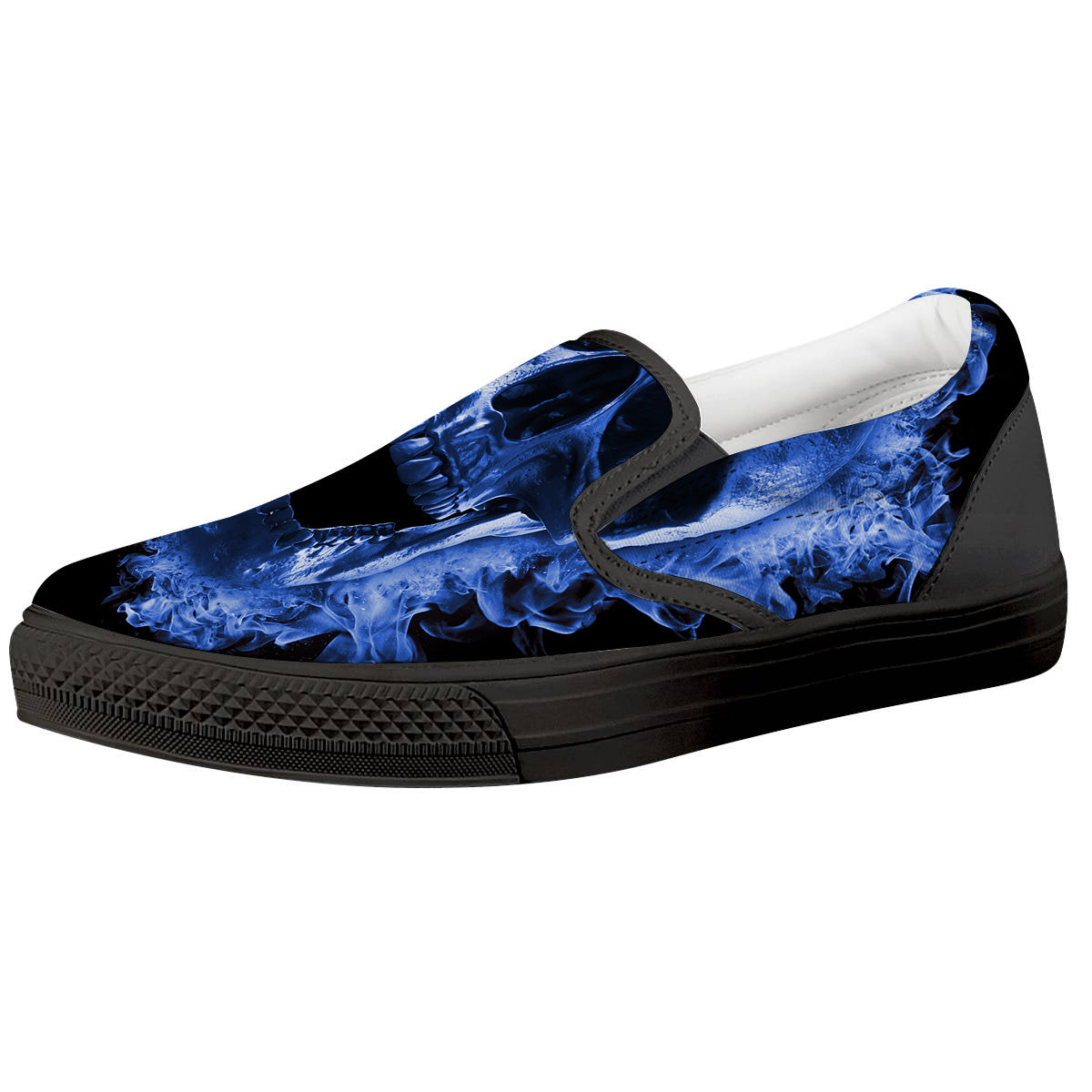 Blue Flaming Skull Print Black Slip On Shoes-grizzshop