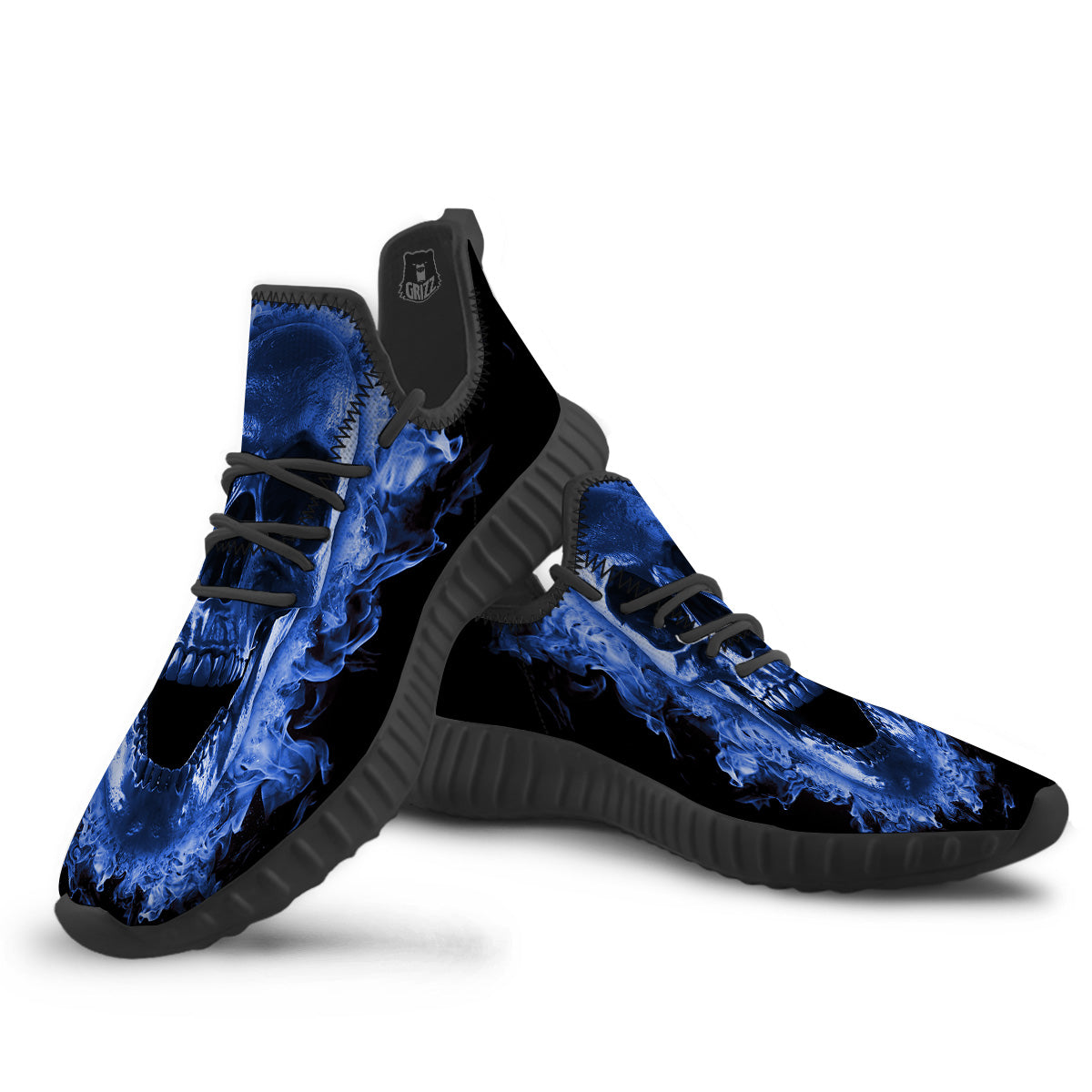 Blue Flaming Skull Print Black Walking Shoes-grizzshop