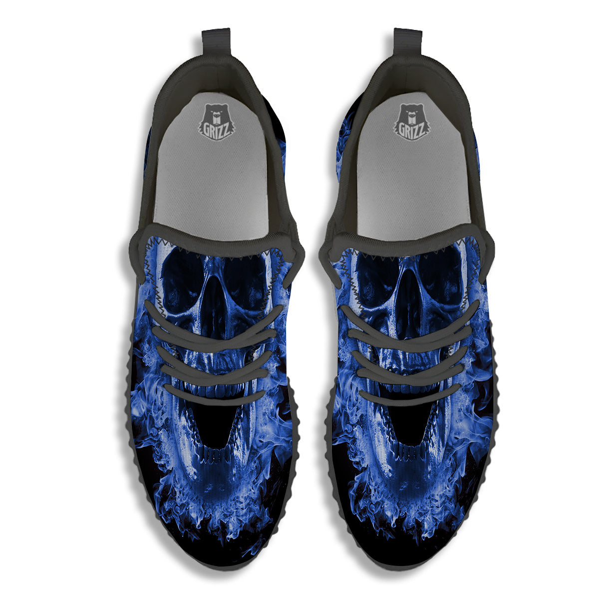 Blue Flaming Skull Print Black Walking Shoes-grizzshop