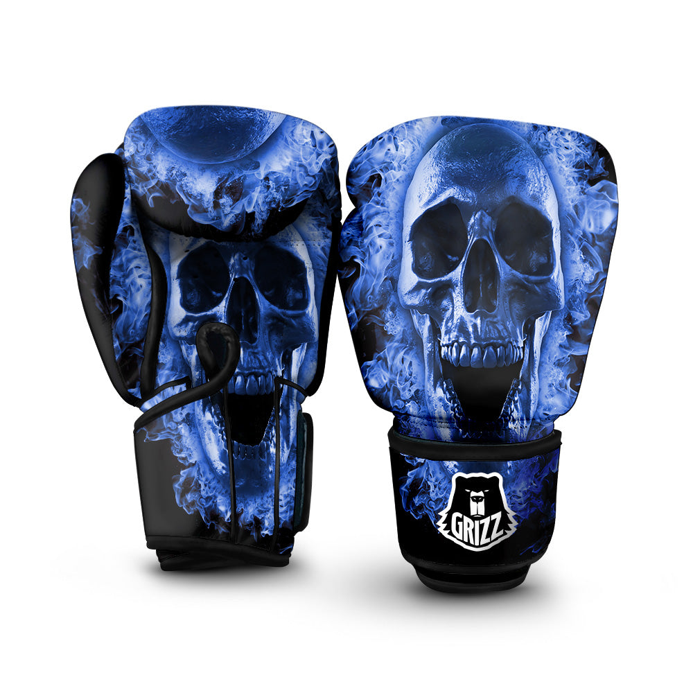 Blue Flaming Skull Print Boxing Gloves-grizzshop