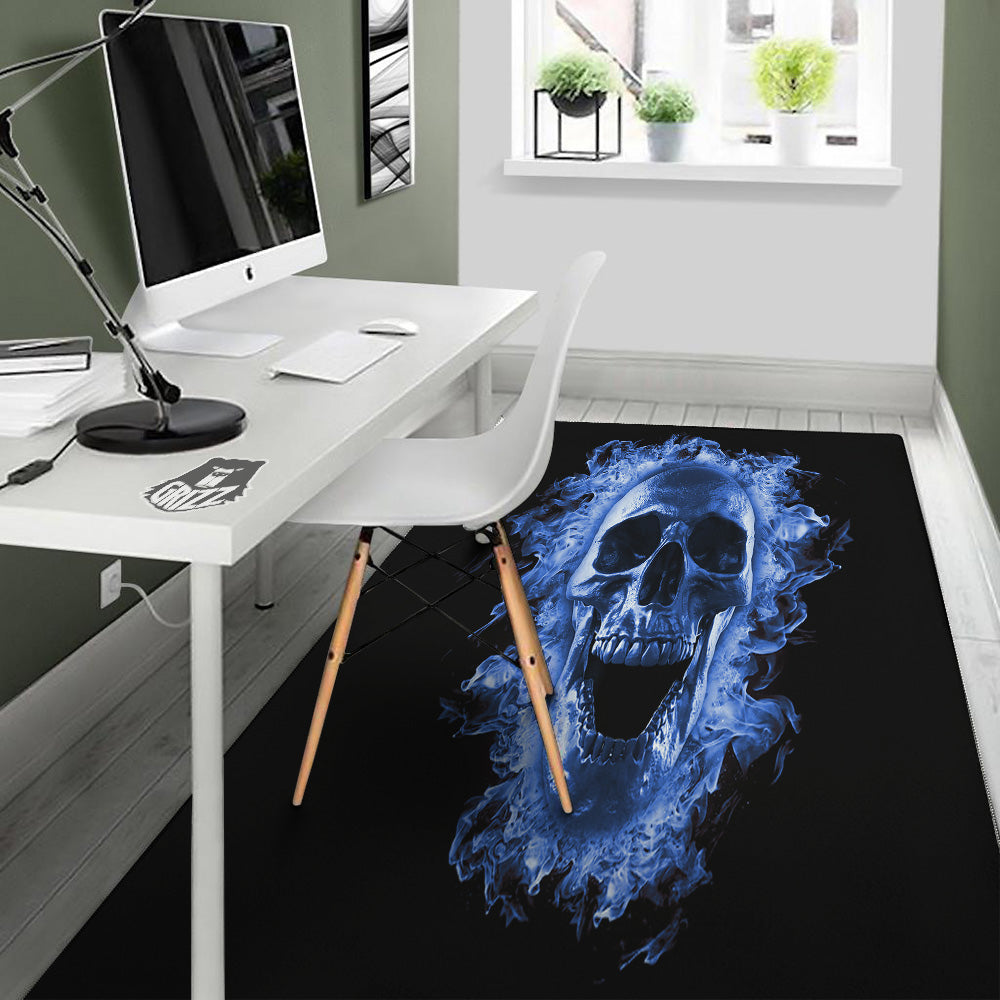 Blue Flaming Skull Print Floor Mat-grizzshop