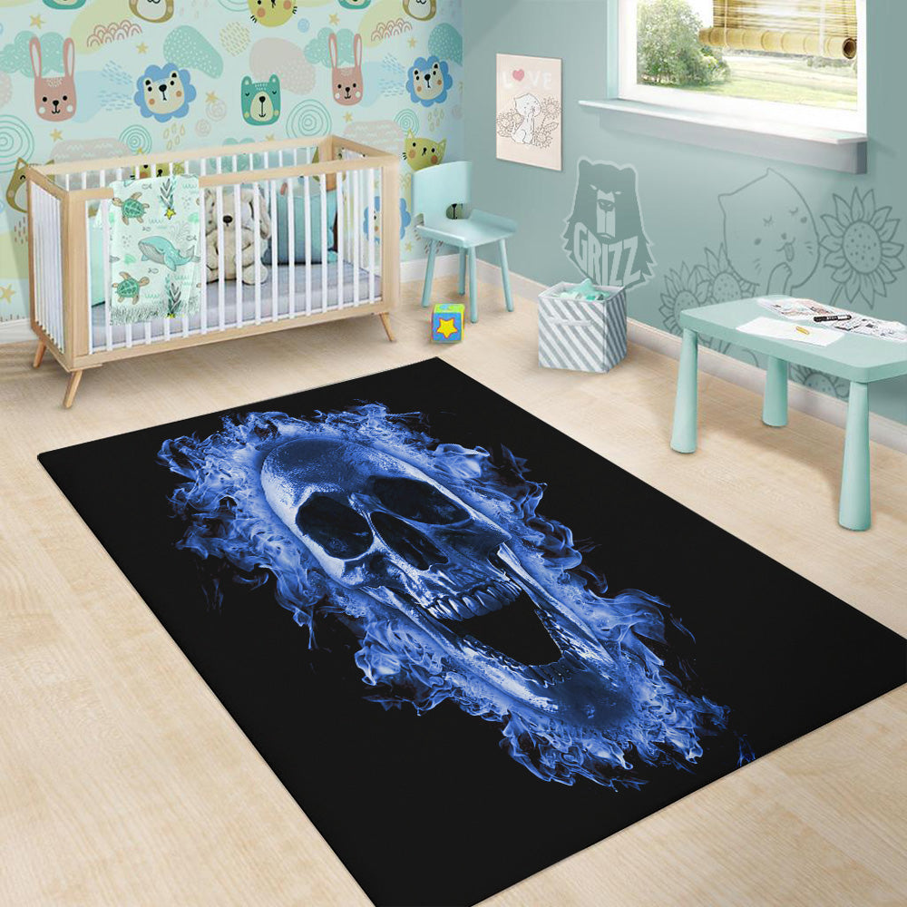 Blue Flaming Skull Print Floor Mat-grizzshop