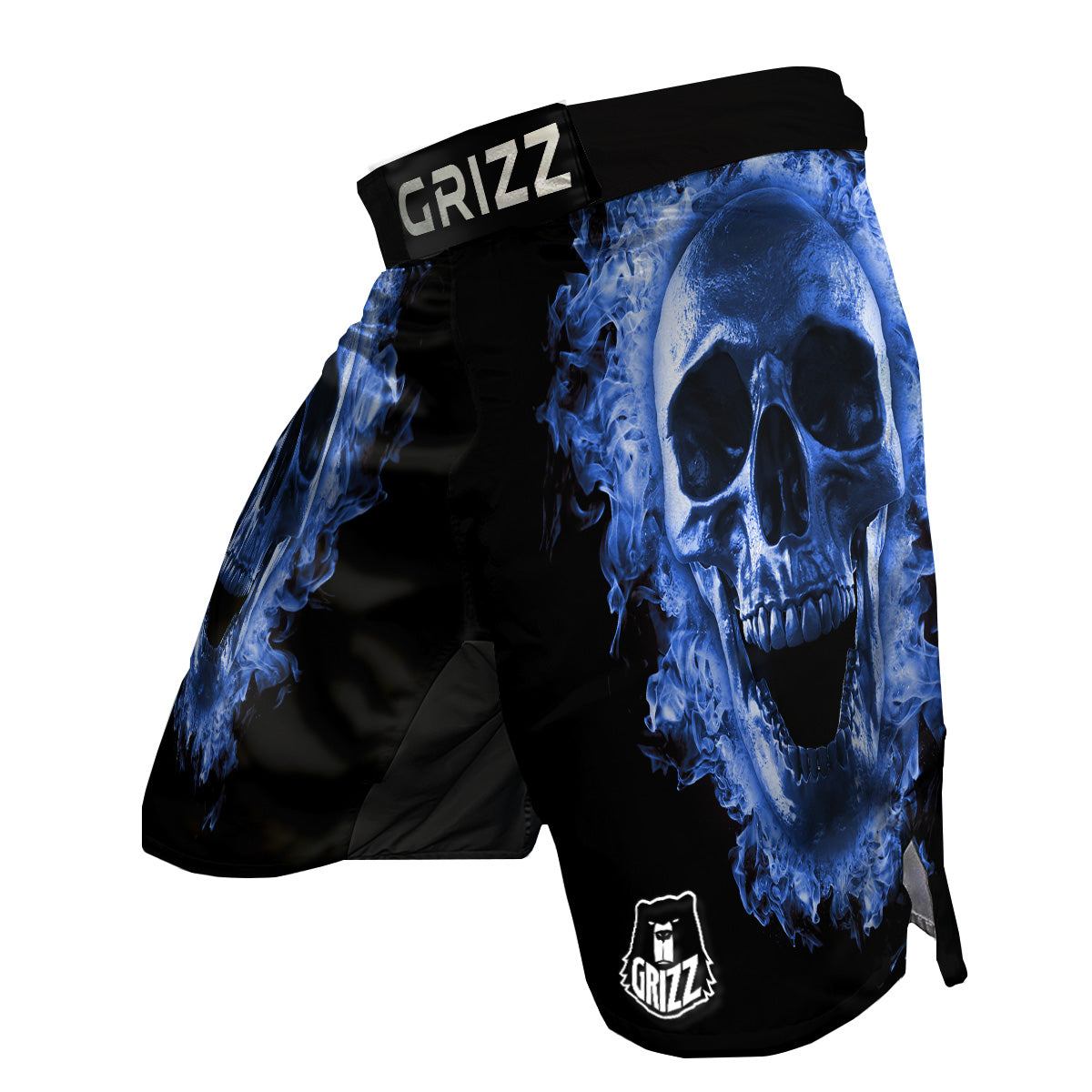 Blue Flaming Skull Print MMA Shorts-grizzshop