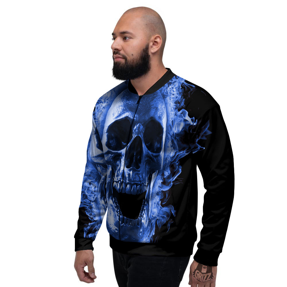 Blue Flaming Skull Print Men's Bomber Jacket-grizzshop