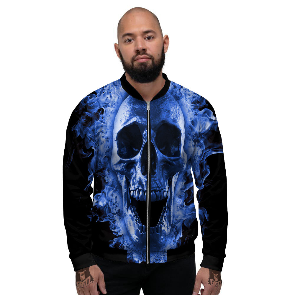 Blue Flaming Skull Print Men's Bomber Jacket-grizzshop