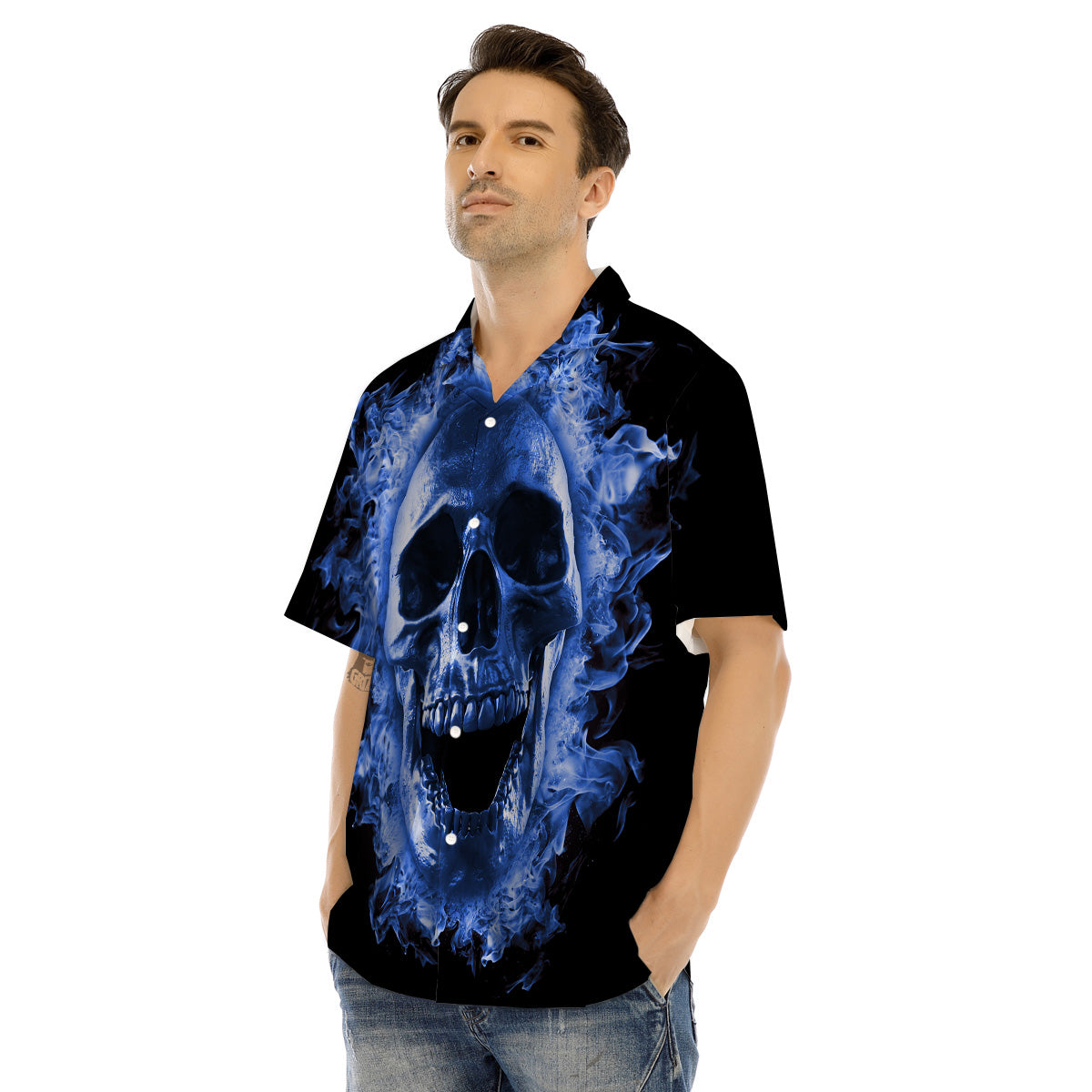 Blue Flaming Skull Print Men's Hawaiian Shirt-grizzshop