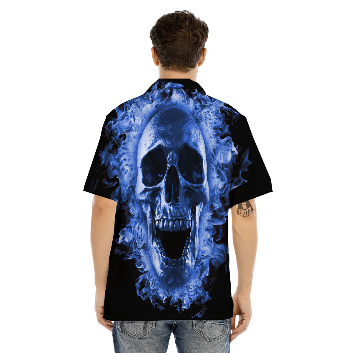 Blue Flaming Skull Print Men's Hawaiian Shirt-grizzshop