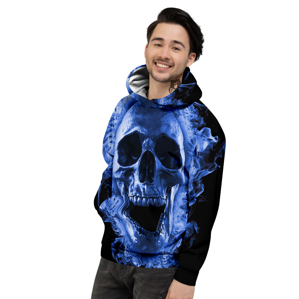 Blue Flaming Skull Print Men's Hoodie-grizzshop