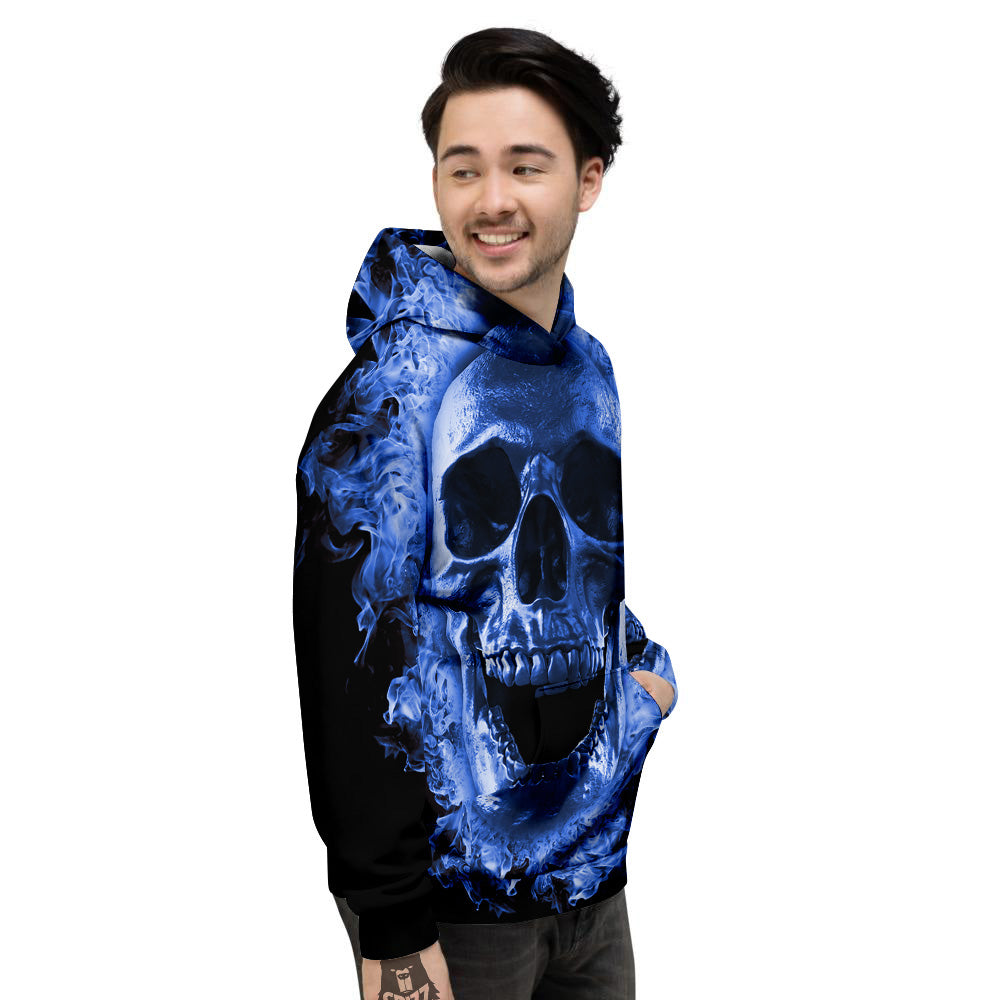 Blue Flaming Skull Print Men's Hoodie-grizzshop