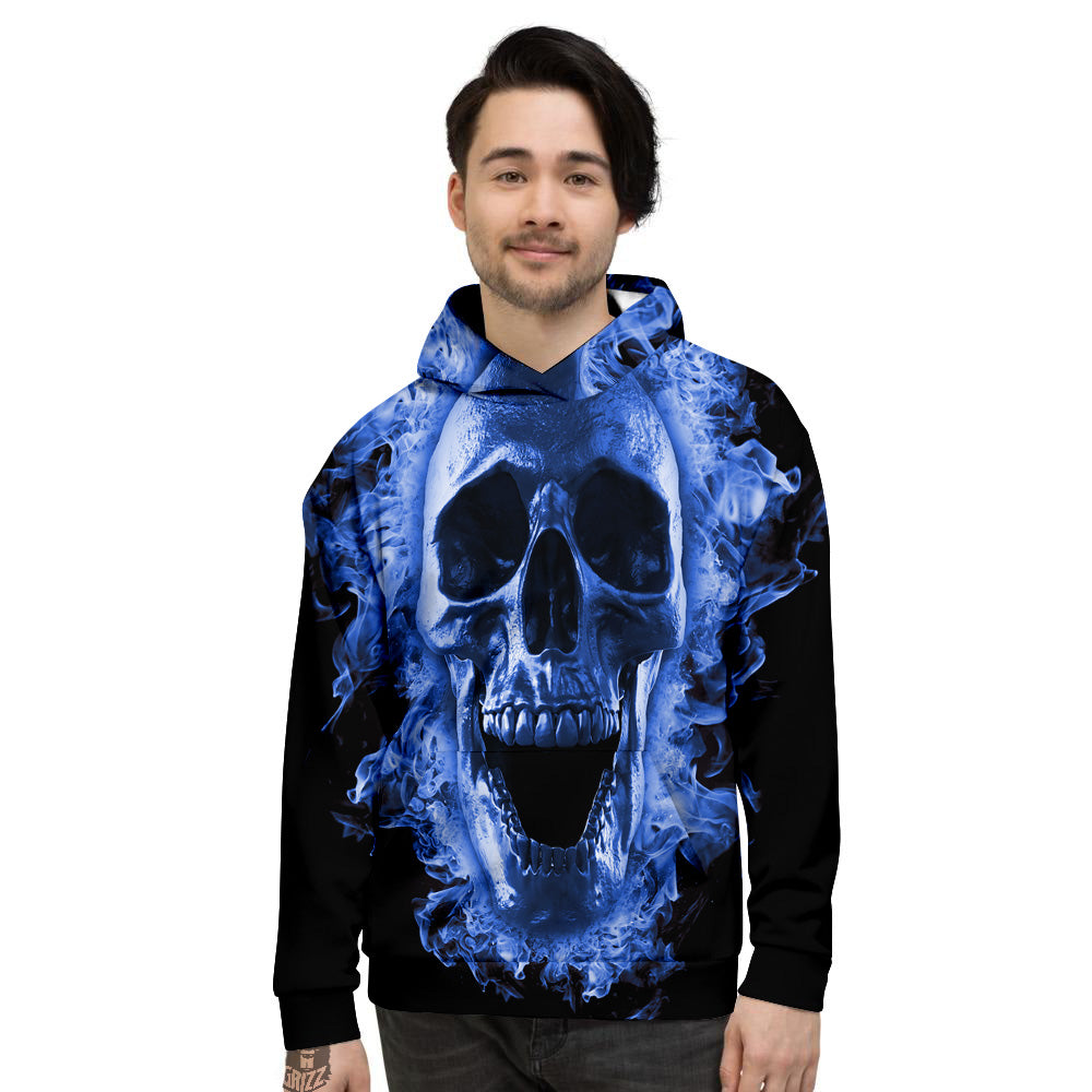 Blue Flaming Skull Print Men's Hoodie-grizzshop