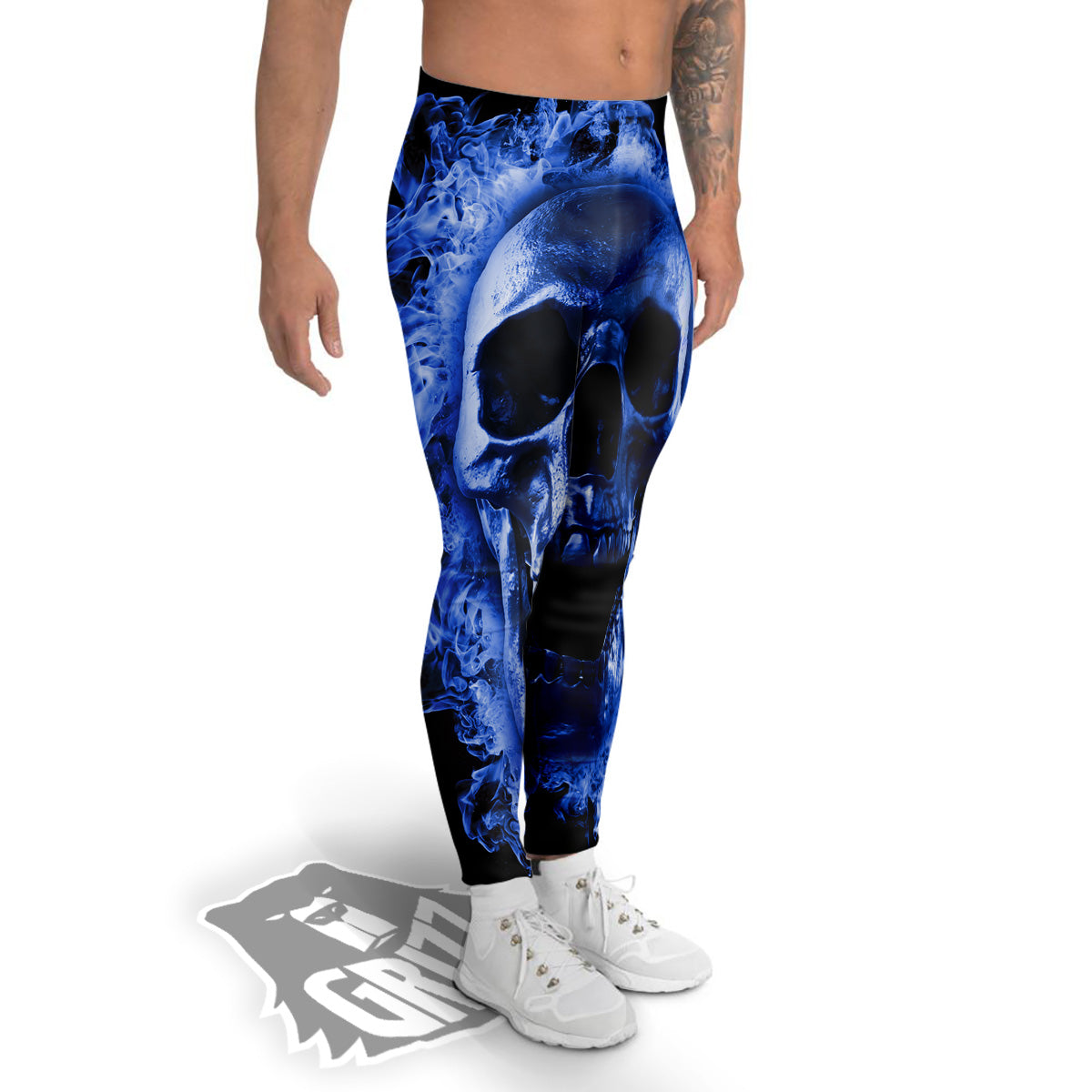 Blue Flaming Skull Print Men's Leggings-grizzshop