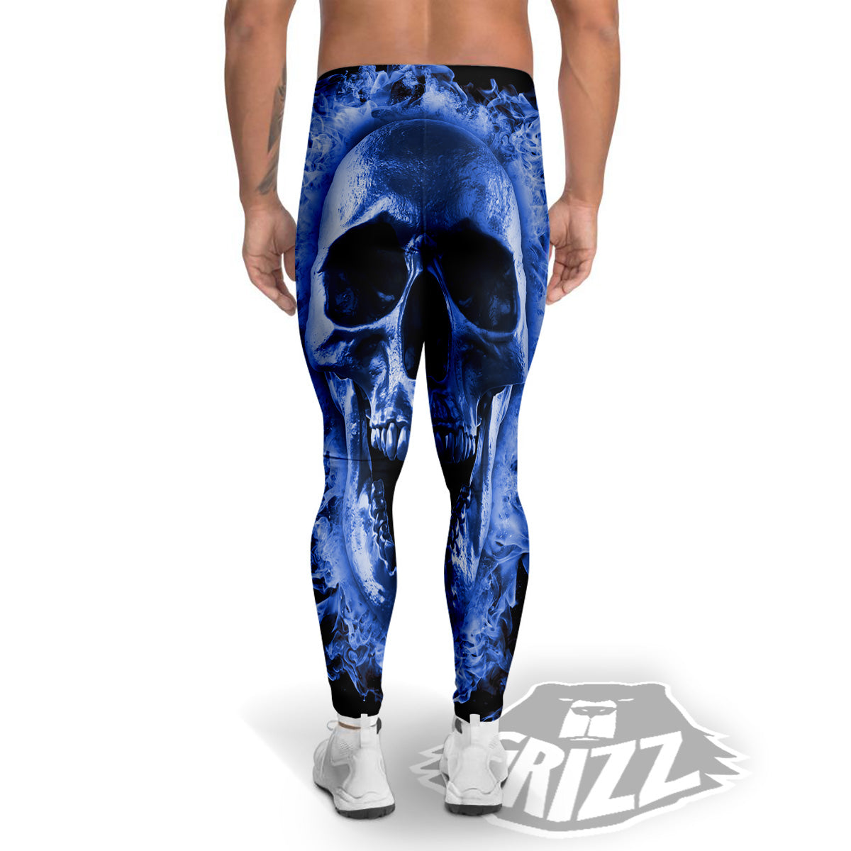 Blue Flaming Skull Print Men's Leggings-grizzshop