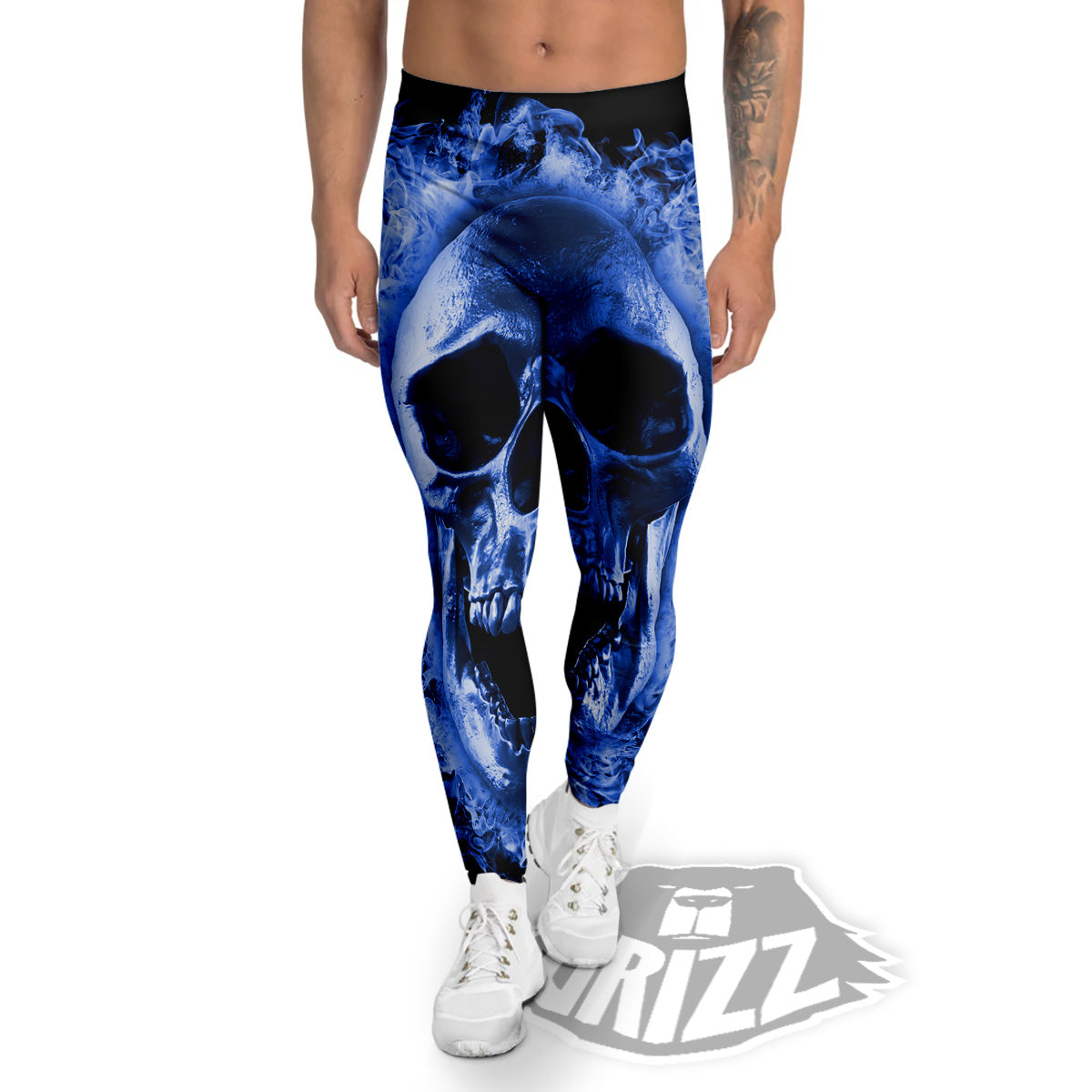 Blue Flaming Skull Print Men's Leggings-grizzshop