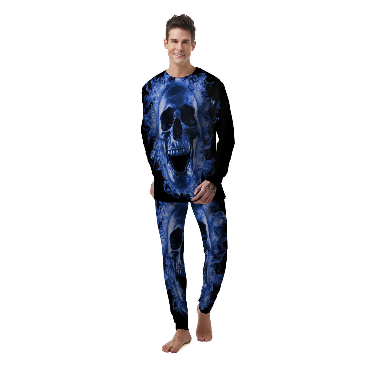 Blue Flaming Skull Print Men's Pajamas-grizzshop