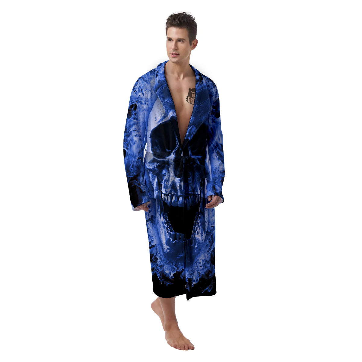 Blue Flaming Skull Print Men's Robe-grizzshop