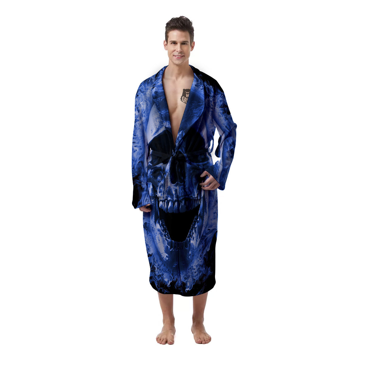 Blue Flaming Skull Print Men's Robe-grizzshop