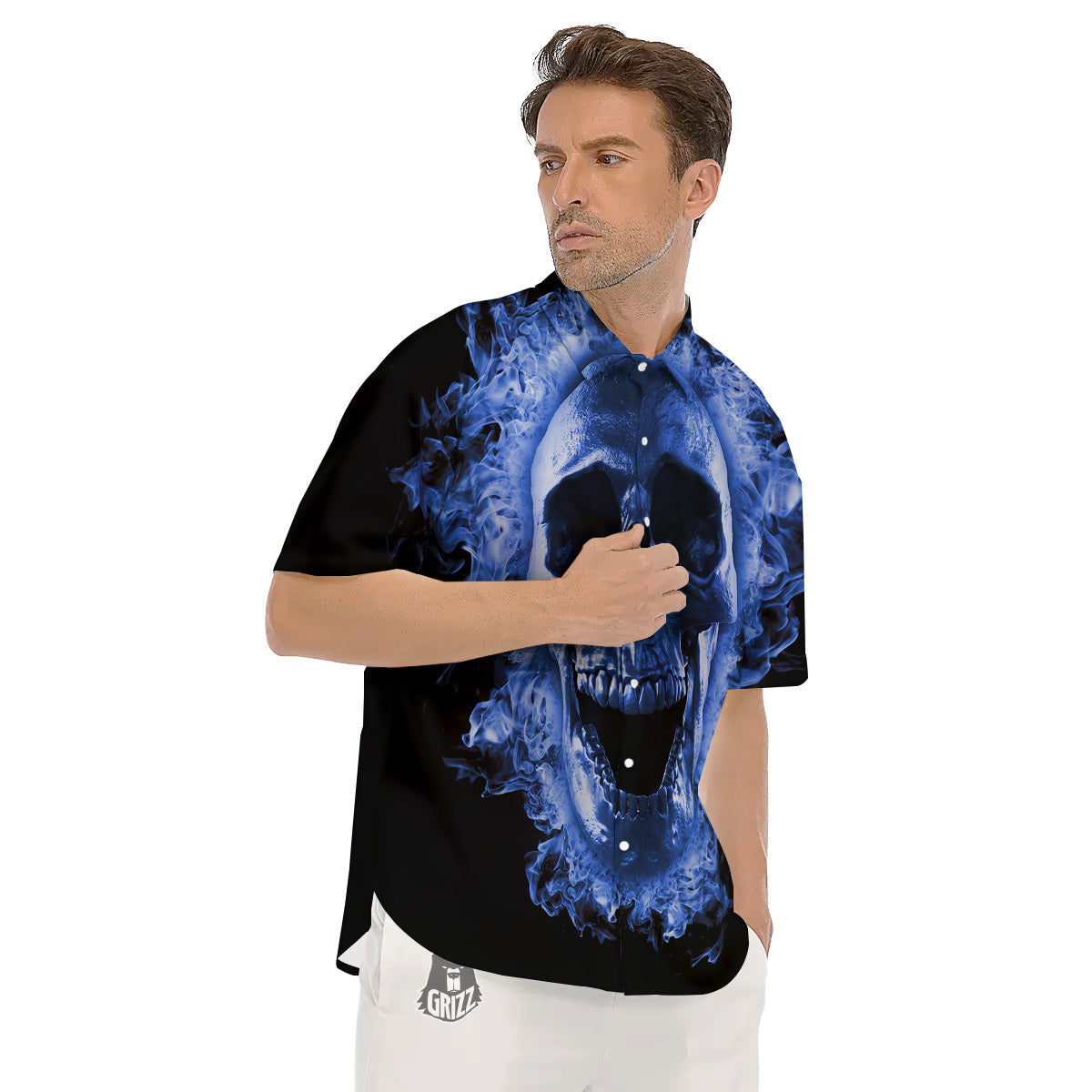 Blue Flaming Skull Print Men's Short Sleeve Shirts-grizzshop