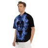 Blue Flaming Skull Print Men's Short Sleeve Shirts-grizzshop