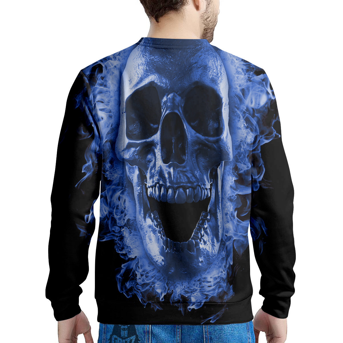 Blue Flaming Skull Print Men's Sweatshirt-grizzshop