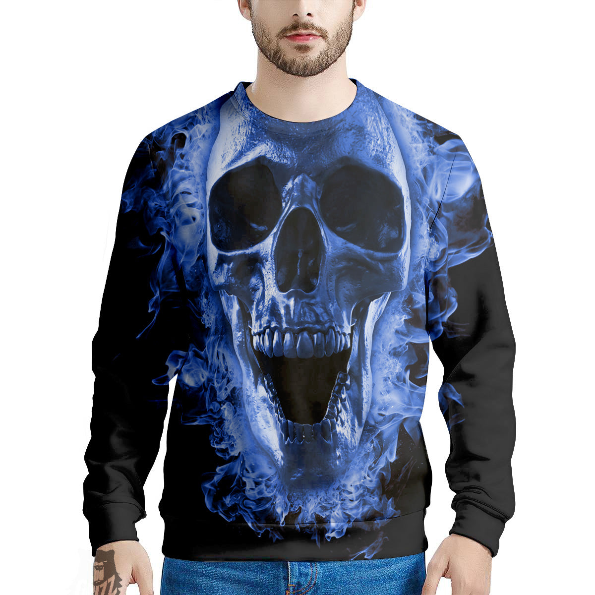 Blue Flaming Skull Print Men's Sweatshirt-grizzshop