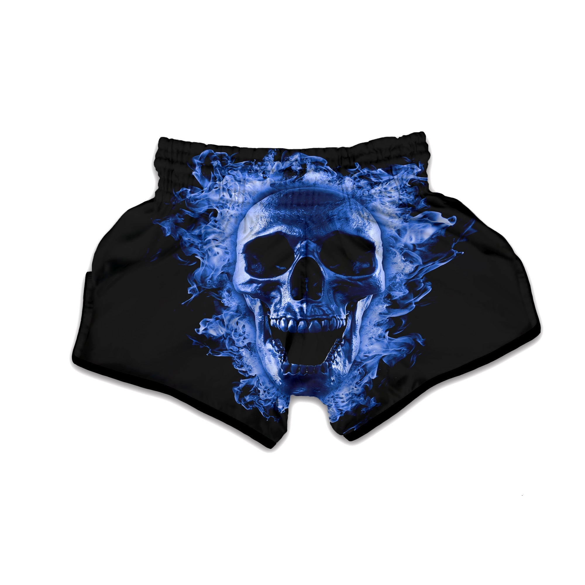 Blue Flaming Skull Print Muay Thai Boxing Shorts-grizzshop