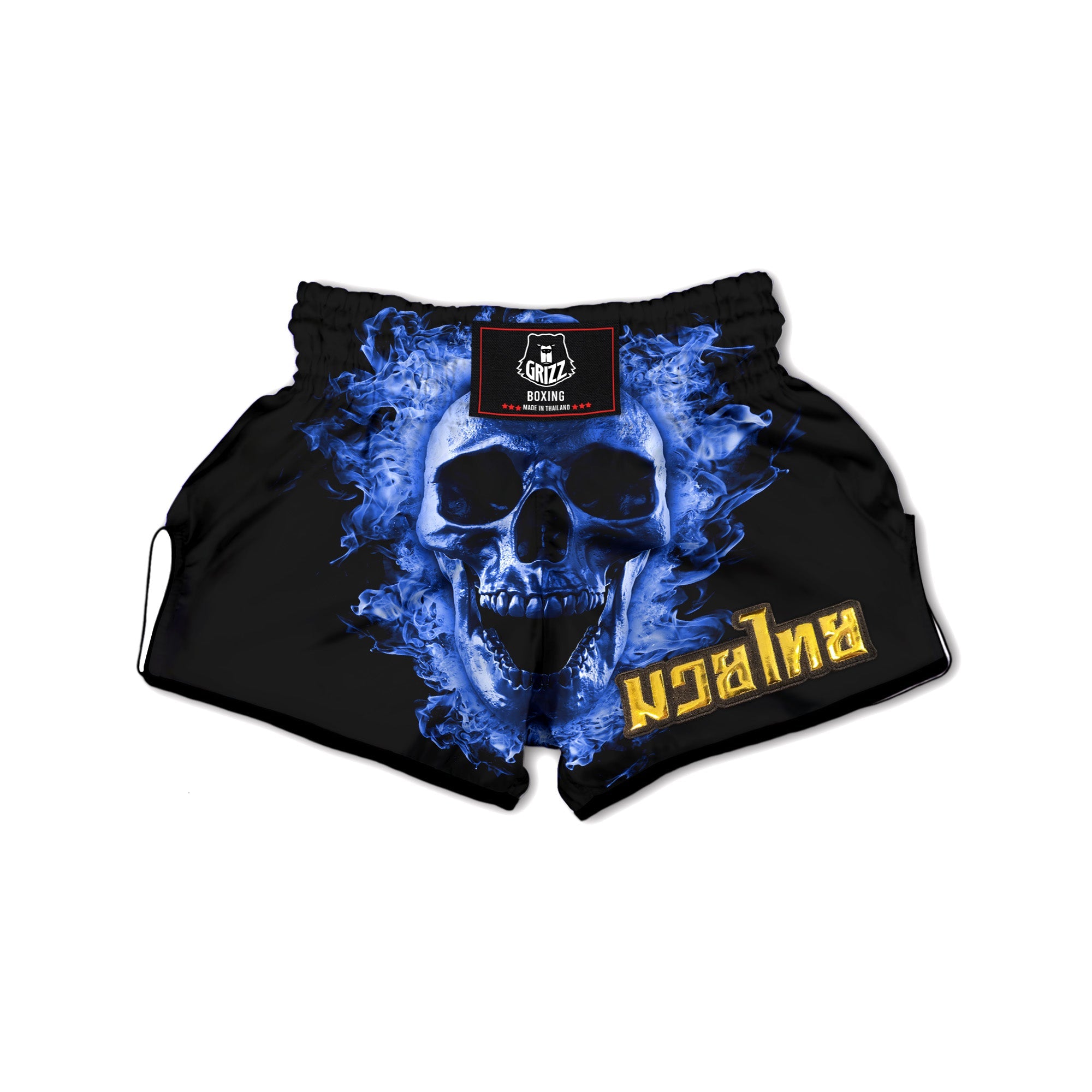 Blue Flaming Skull Print Muay Thai Boxing Shorts-grizzshop