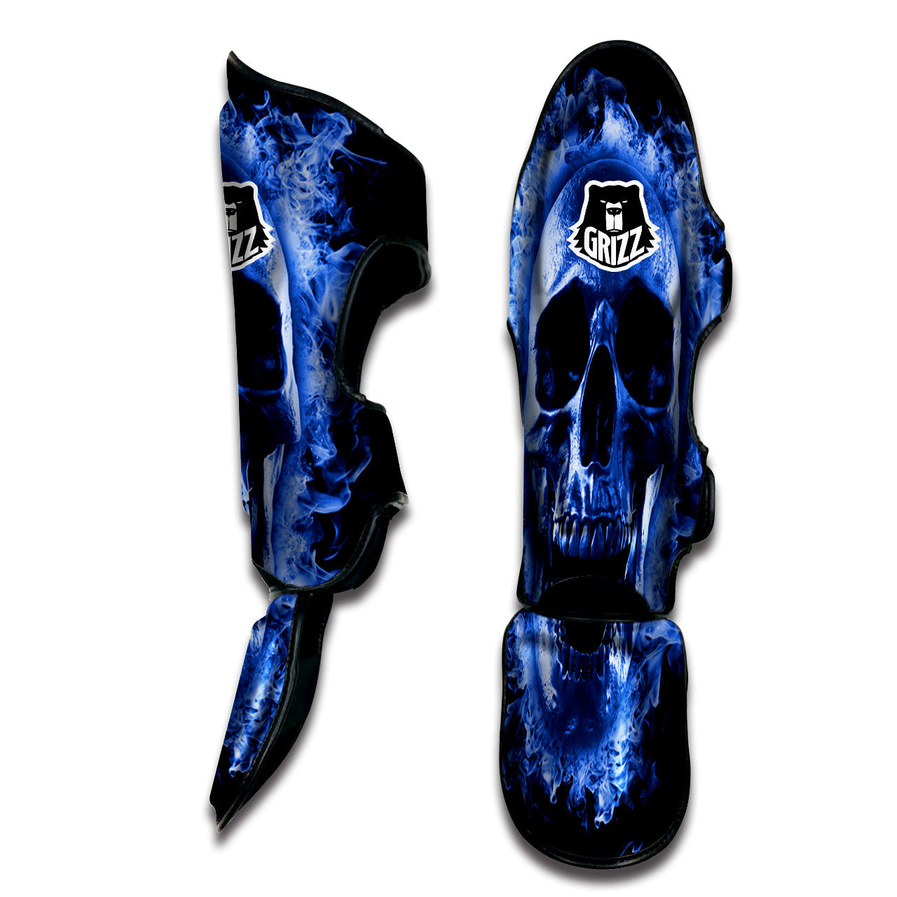 Blue Flaming Skull Print Muay Thai Shin Guards-grizzshop