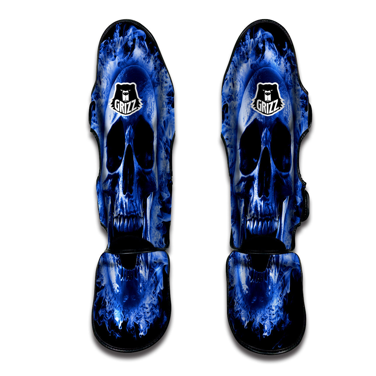 Blue Flaming Skull Print Muay Thai Shin Guards-grizzshop