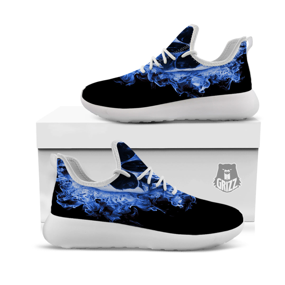 Blue Flaming Skull Print White Athletic Shoes-grizzshop