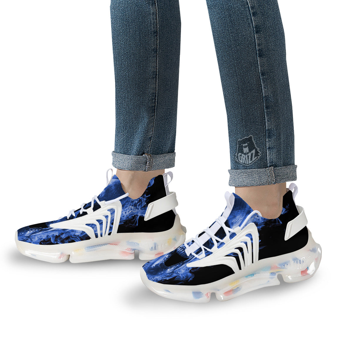 Blue Flaming Skull Print White Gym Shoes-grizzshop