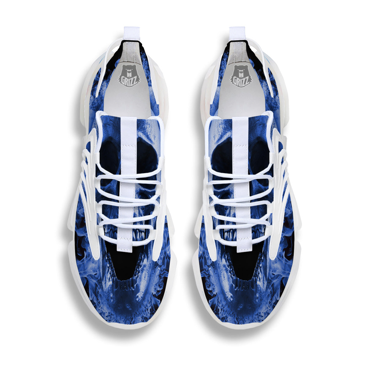 Blue Flaming Skull Print White Gym Shoes-grizzshop