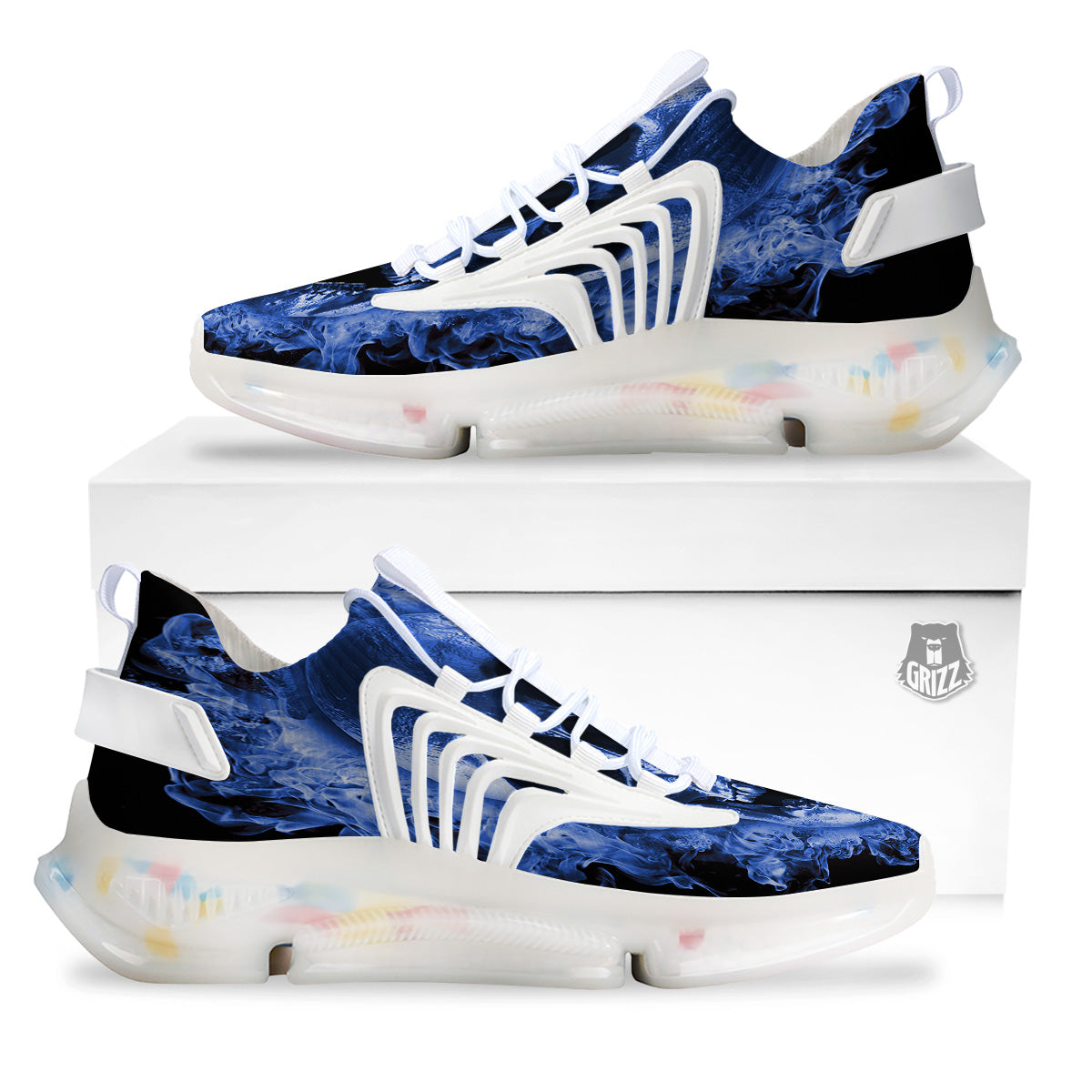 Blue Flaming Skull Print White Gym Shoes-grizzshop