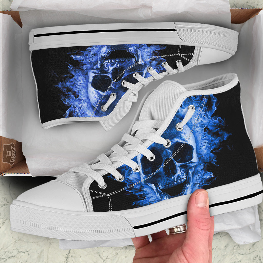 Blue Flaming Skull Print White High Top Shoes-grizzshop