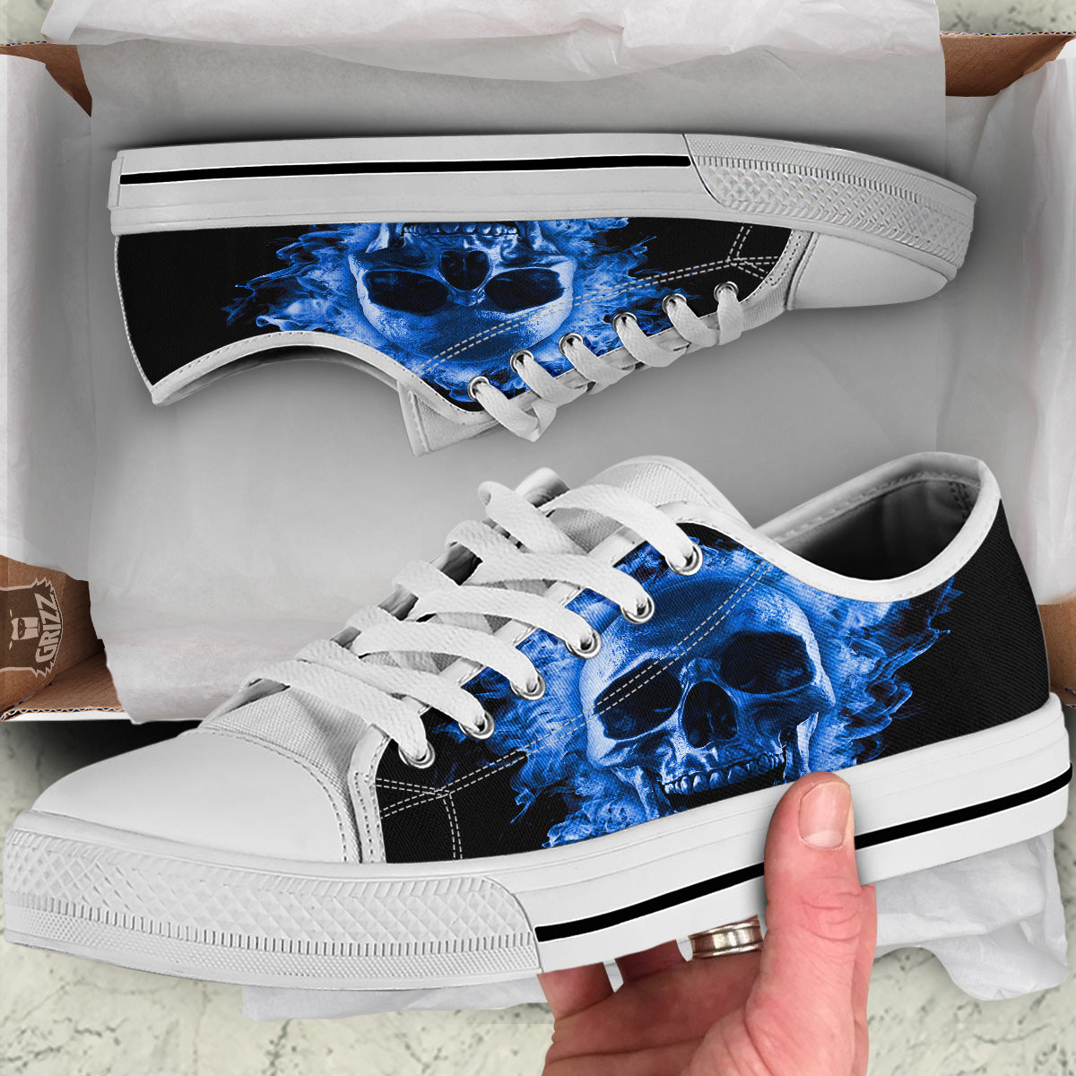 Blue Flaming Skull Print White Low Top Shoes-grizzshop